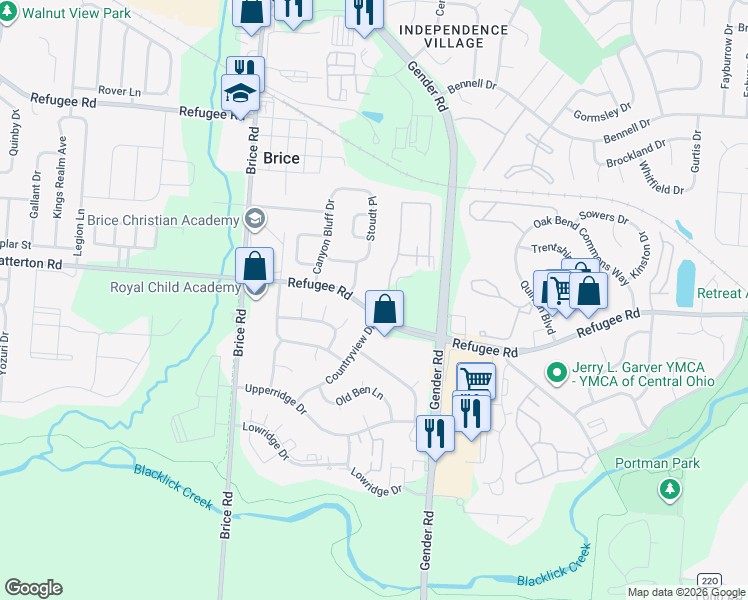 map of restaurants, bars, coffee shops, grocery stores, and more near 6300 Refugee Road in Canal Winchester