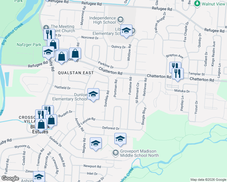 map of restaurants, bars, coffee shops, grocery stores, and more near 3200 Portman Road in Columbus