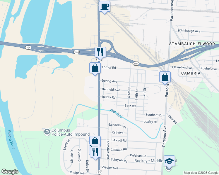 map of restaurants, bars, coffee shops, grocery stores, and more near 68 Benfield Avenue in Columbus