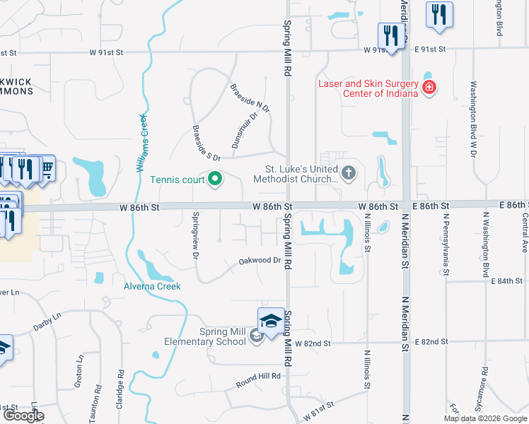 map of restaurants, bars, coffee shops, grocery stores, and more near 421 West 86th Street in Indianapolis