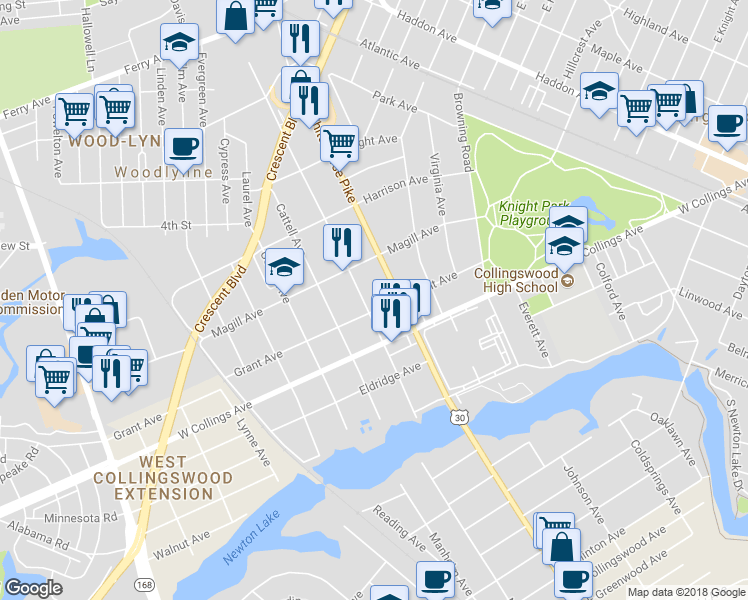 map of restaurants, bars, coffee shops, grocery stores, and more near 621 Grant Avenue in Oaklyn