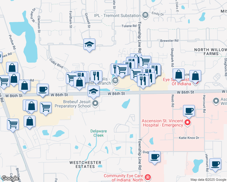 map of restaurants, bars, coffee shops, grocery stores, and more near 2566 West 86th Street in Indianapolis