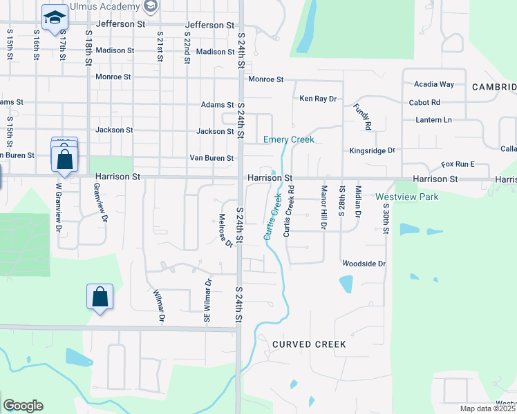 map of restaurants, bars, coffee shops, grocery stores, and more near 1601 South 24th Street in Quincy