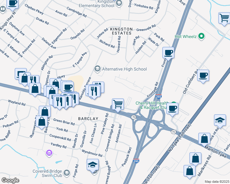 map of restaurants, bars, coffee shops, grocery stores, and more near 1840 Frontage Road in Cherry Hill Township
