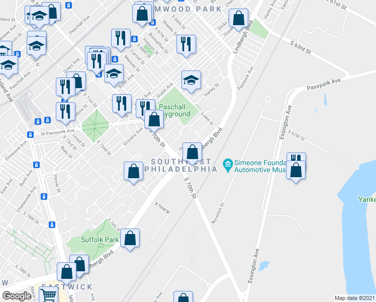 map of restaurants, bars, coffee shops, grocery stores, and more near 6931 Lindbergh Boulevard in Philadelphia