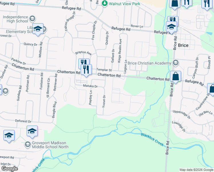 map of restaurants, bars, coffee shops, grocery stores, and more near 3240 Bonus Drive in Columbus