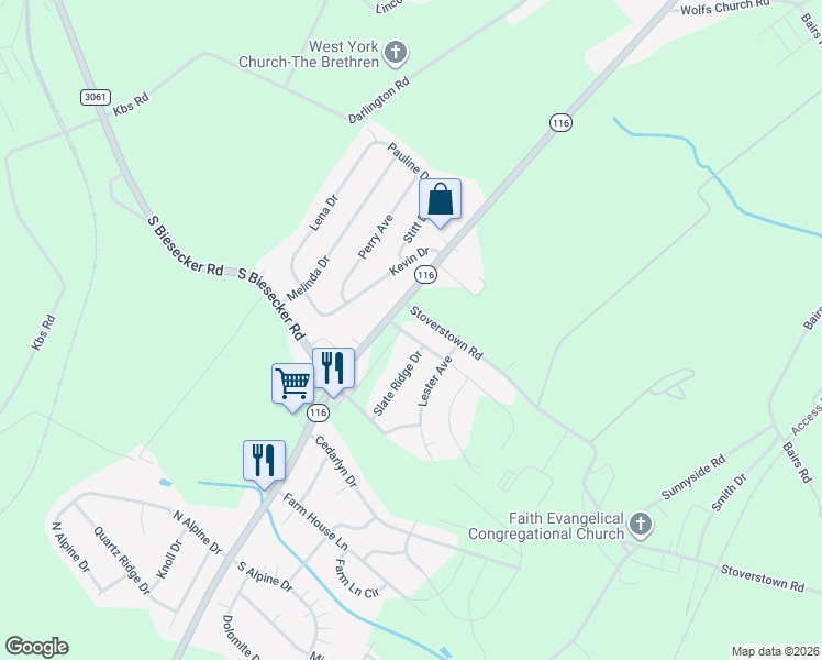 map of restaurants, bars, coffee shops, grocery stores, and more near 25 Pine Springs Boulevard in York