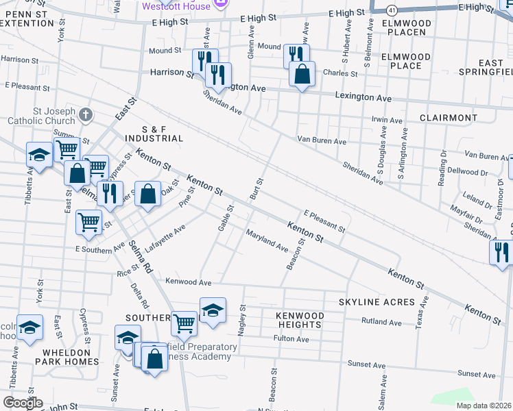 map of restaurants, bars, coffee shops, grocery stores, and more near 1560 Kenton Street in Springfield
