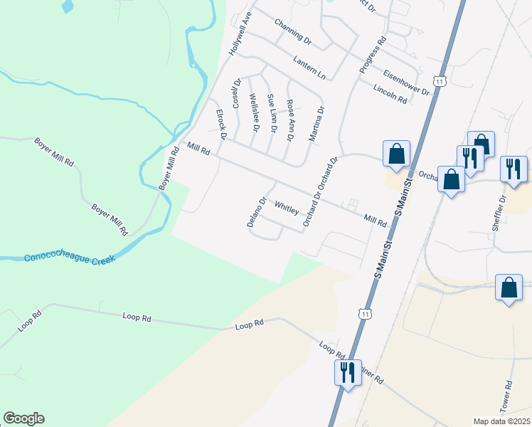 map of restaurants, bars, coffee shops, grocery stores, and more near 252 Merriweather Drive in Chambersburg