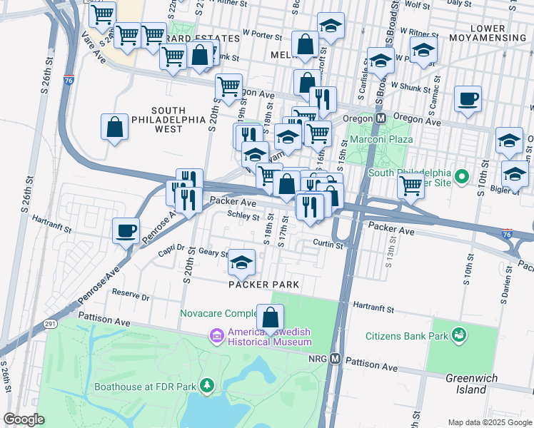 map of restaurants, bars, coffee shops, grocery stores, and more near 3110 South 18th Street in Philadelphia