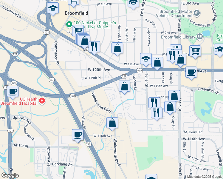 map of restaurants, bars, coffee shops, grocery stores, and more near 11800 Colmans Way in Broomfield