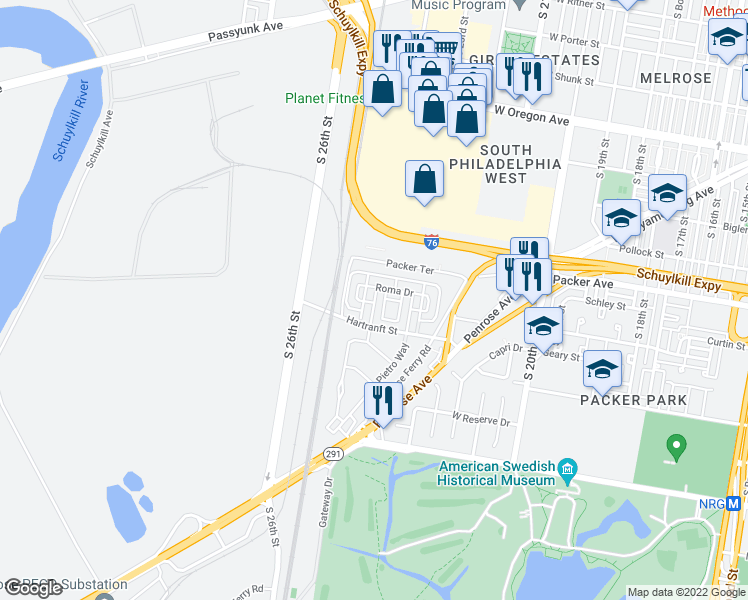 map of restaurants, bars, coffee shops, grocery stores, and more near 2204 Foggia Drive in Philadelphia