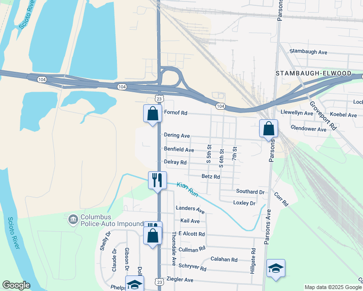 map of restaurants, bars, coffee shops, grocery stores, and more near 68 Benfield Avenue in Columbus