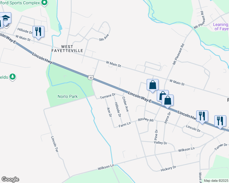 map of restaurants, bars, coffee shops, grocery stores, and more near 311 Terrace Drive in Fayetteville