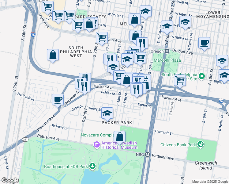 map of restaurants, bars, coffee shops, grocery stores, and more near 1821 Schley Street in Philadelphia
