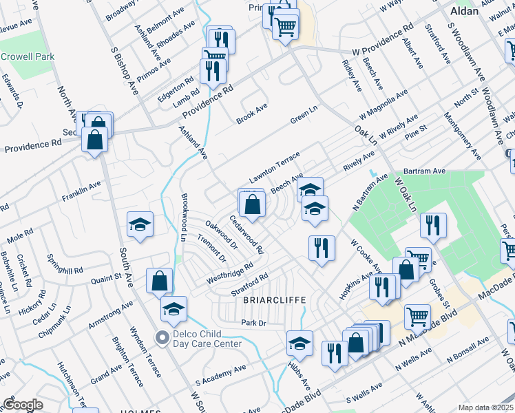 map of restaurants, bars, coffee shops, grocery stores, and more near 1044 Beech Avenue in Glenolden