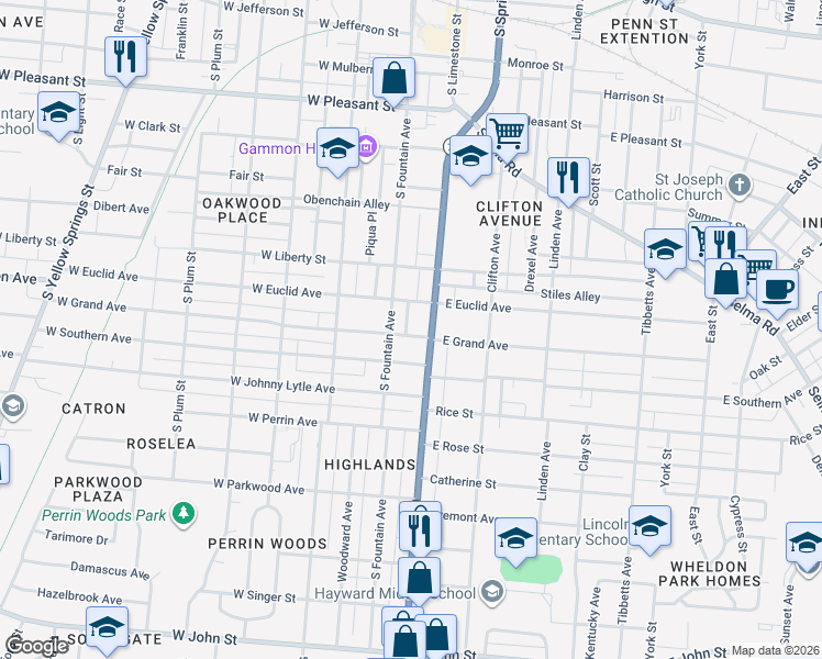 map of restaurants, bars, coffee shops, grocery stores, and more near 1102 South Fountain Avenue in Springfield