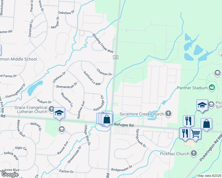 map of restaurants, bars, coffee shops, grocery stores, and more near 12265 County Highway 22 in Pickerington