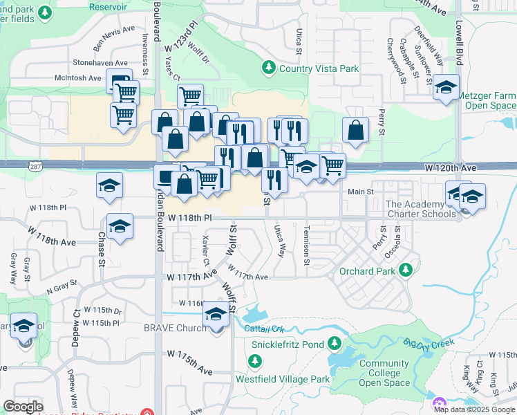 map of restaurants, bars, coffee shops, grocery stores, and more near 4650 West 120th Avenue in Broomfield