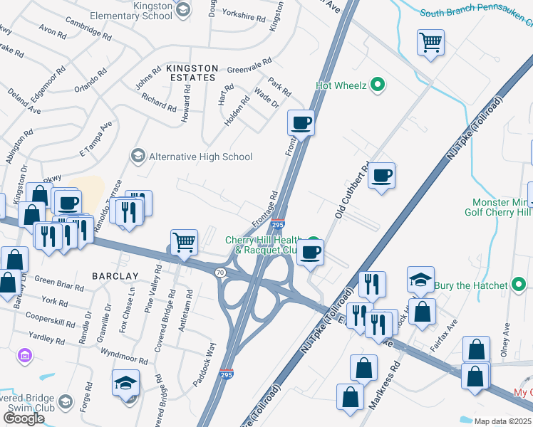 map of restaurants, bars, coffee shops, grocery stores, and more near 1015 Frontage Road in Cherry Hill