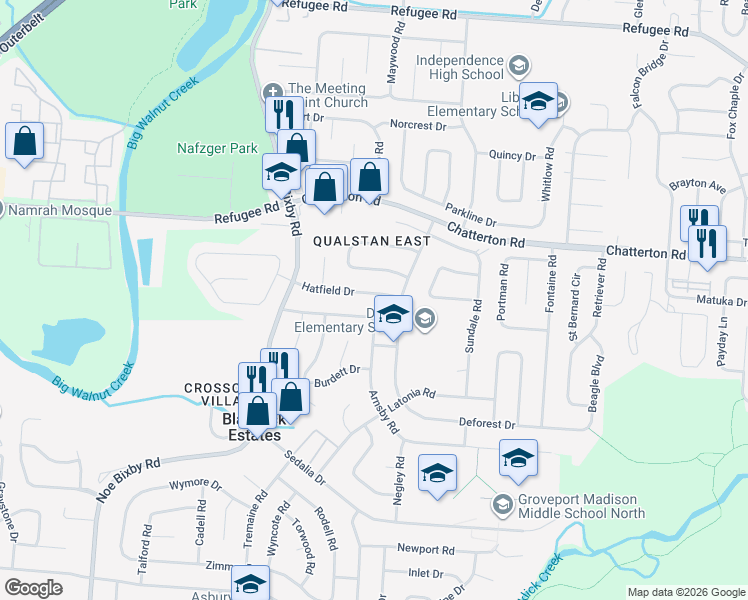map of restaurants, bars, coffee shops, grocery stores, and more near 5165 Hatfield Drive in Columbus