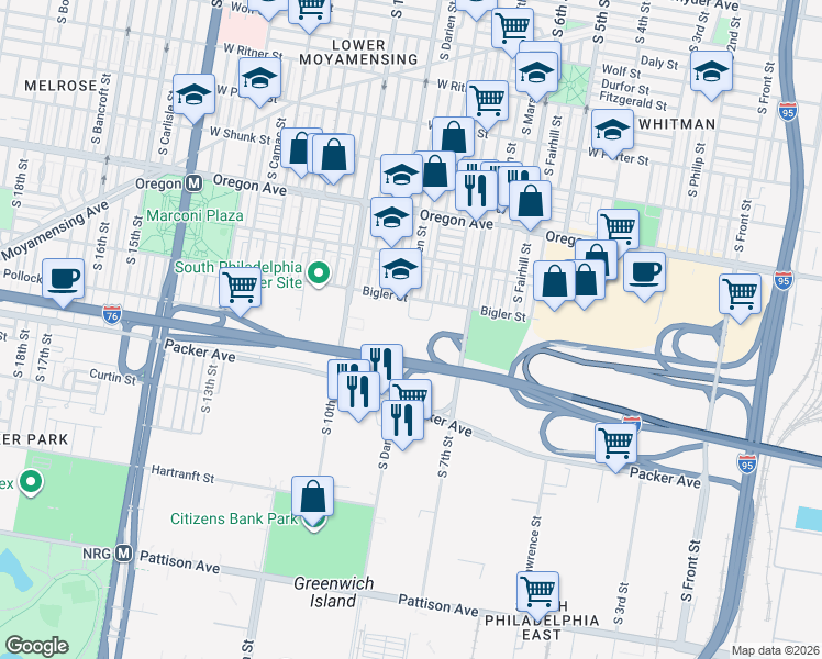 map of restaurants, bars, coffee shops, grocery stores, and more near 2919 South Franklin Street in Philadelphia