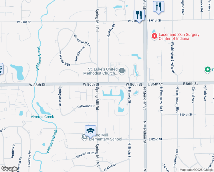 map of restaurants, bars, coffee shops, grocery stores, and more near Olde Mill Trace in Indianapolis