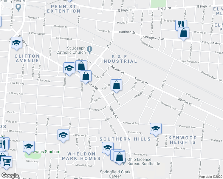 map of restaurants, bars, coffee shops, grocery stores, and more near 943 Oak St in Springfield