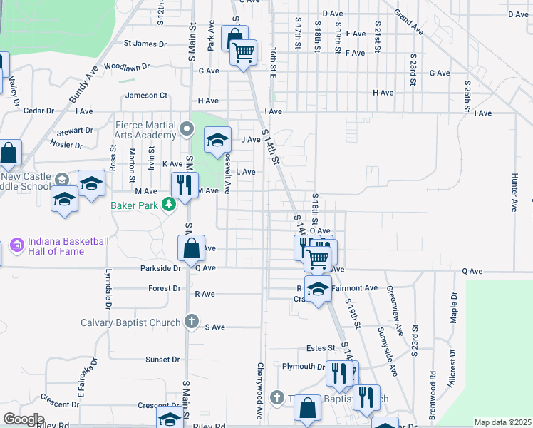 map of restaurants, bars, coffee shops, grocery stores, and more near 2105 Cherrywood Ave in New Castle