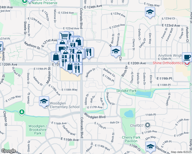 map of restaurants, bars, coffee shops, grocery stores, and more near 4145 East 119th Place in Thornton