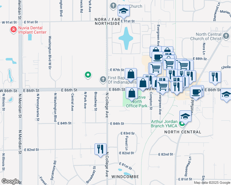 map of restaurants, bars, coffee shops, grocery stores, and more near 727 East 86th Street in Indianapolis