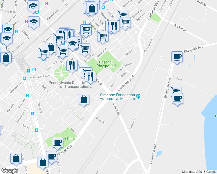 map of restaurants, bars, coffee shops, grocery stores, and more near 3015 South 70th Street in Philadelphia