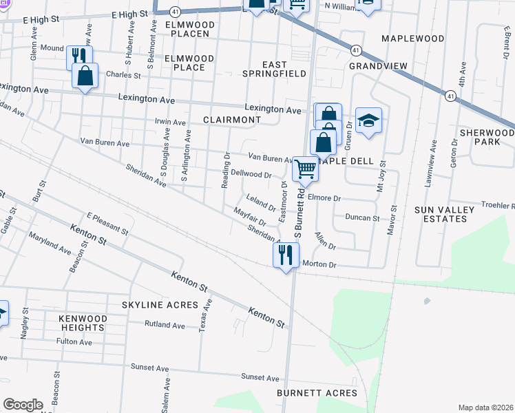 map of restaurants, bars, coffee shops, grocery stores, and more near 2429 Leland Drive in Springfield