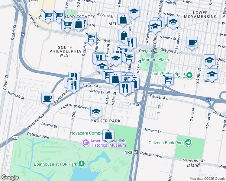 map of restaurants, bars, coffee shops, grocery stores, and more near 3106 South 17th Street in Philadelphia
