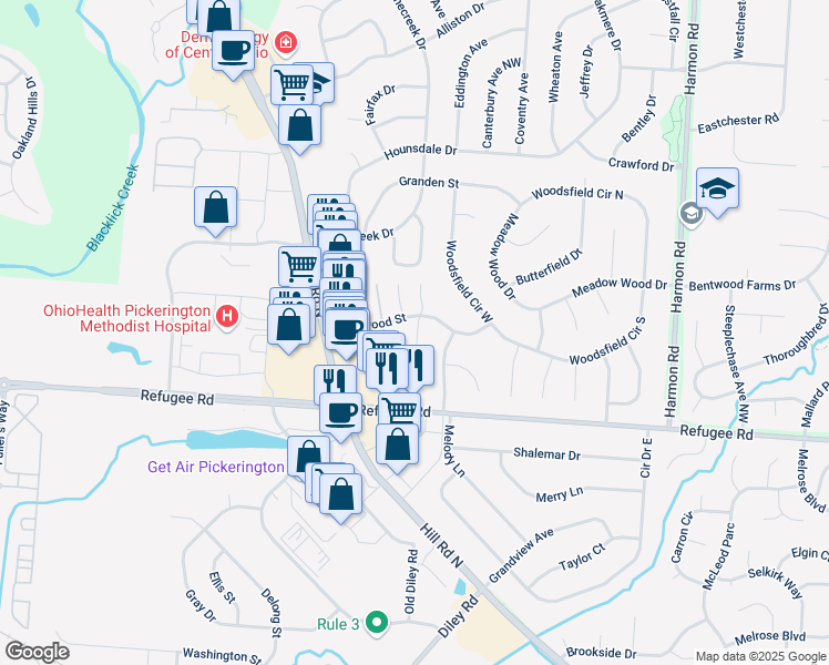 map of restaurants, bars, coffee shops, grocery stores, and more near 1331 Brookview Circle in Pickerington