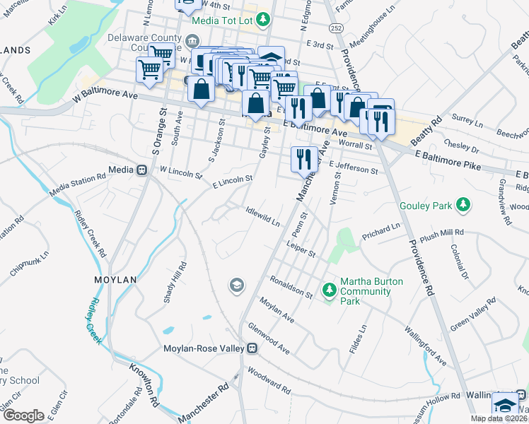 map of restaurants, bars, coffee shops, grocery stores, and more near 2 Rachel Drive in Media