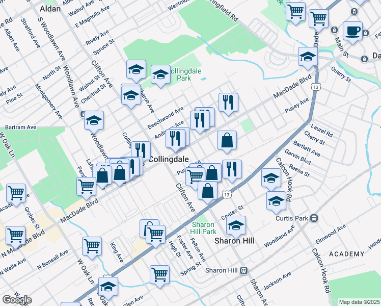 map of restaurants, bars, coffee shops, grocery stores, and more near 118 Juliana Terrace in Collingdale