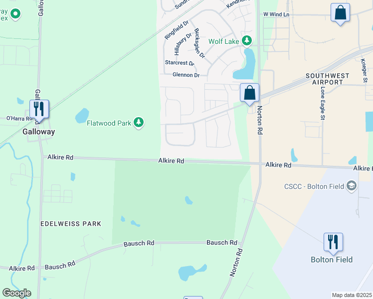 map of restaurants, bars, coffee shops, grocery stores, and more near 5858 Alkire Road in Galloway