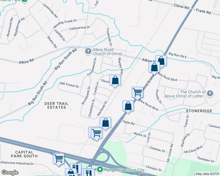 map of restaurants, bars, coffee shops, grocery stores, and more near 2097 Maribeth Place in Grove City