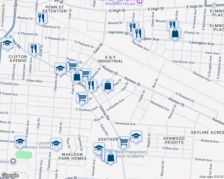 map of restaurants, bars, coffee shops, grocery stores, and more near 939 Pine Street in Springfield