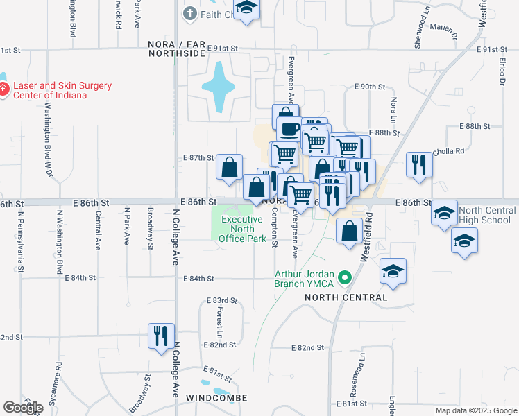 map of restaurants, bars, coffee shops, grocery stores, and more near 1005 East 86th Street in Indianapolis
