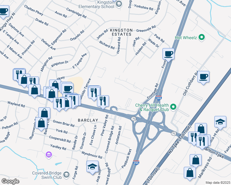 map of restaurants, bars, coffee shops, grocery stores, and more near 1840 Frontage Road in Cherry Hill