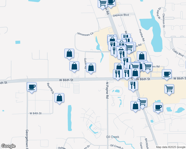 map of restaurants, bars, coffee shops, grocery stores, and more near 3902 West 86th Street in Indianapolis