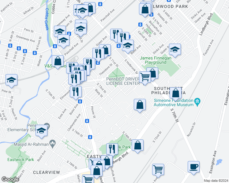 map of restaurants, bars, coffee shops, grocery stores, and more near 7224 Dicks Avenue in Philadelphia
