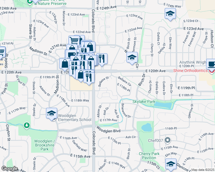 map of restaurants, bars, coffee shops, grocery stores, and more near 4115 East 119th Place in Thornton