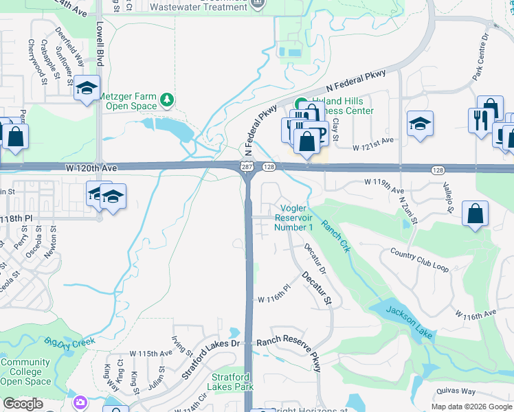 map of restaurants, bars, coffee shops, grocery stores, and more near 2941 West 119th Avenue in Westminster