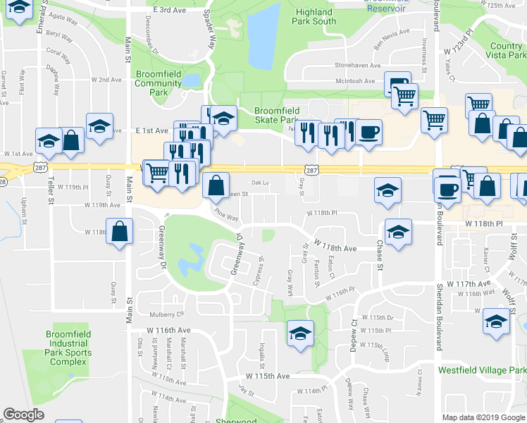 map of restaurants, bars, coffee shops, grocery stores, and more near 117 Ponderosa Street in Broomfield