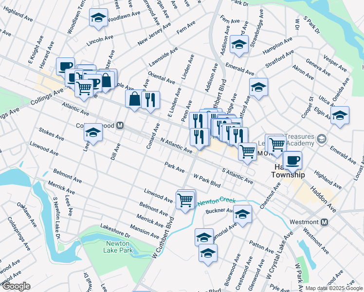 map of restaurants, bars, coffee shops, grocery stores, and more near 1125 Atlantic Avenue in Collingswood