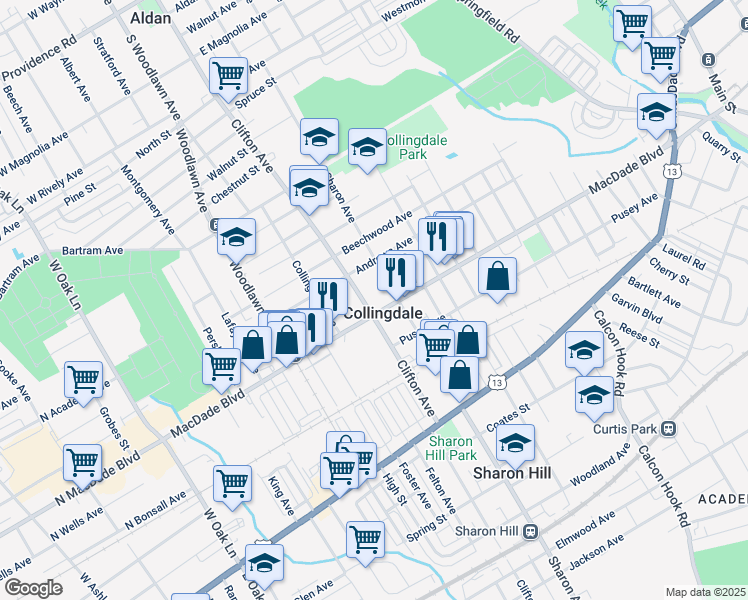 map of restaurants, bars, coffee shops, grocery stores, and more near in Collingdale