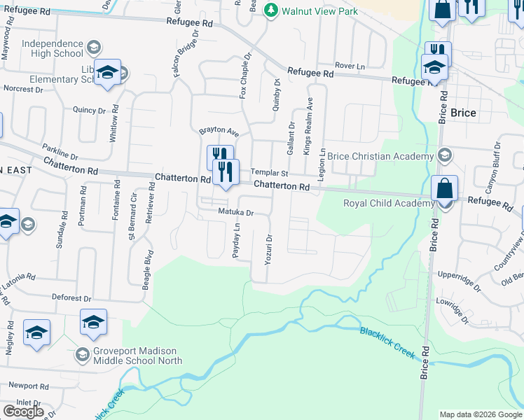 map of restaurants, bars, coffee shops, grocery stores, and more near 5685 Matuka Drive in Columbus